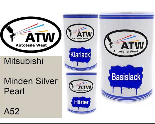 Mitsubishi, Minden Silver Pearl, A52: 500ml Lackdose + 500ml Klarlack + 250ml Härter - Set, von ATW Autoteile West.
